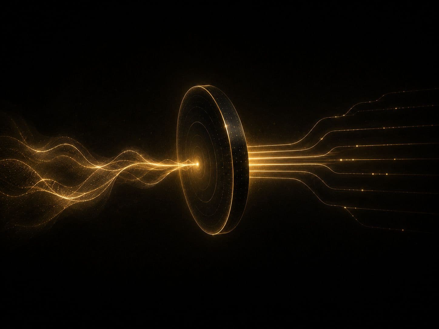 Angled golden disc with a bright beam entering as a soundwave on the left and exiting as parallel data lines on the right, on black