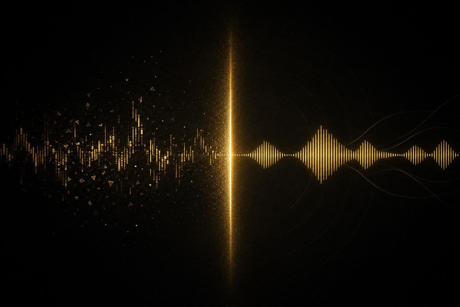 Fragmented golden shards on the left passing through a vertical light beam and reforming into a clean dotted waveform on the right, on black