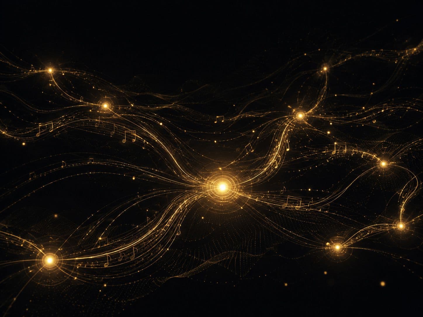 Field of golden musical notes and glowing nodes linked by flowing light lines across a black background